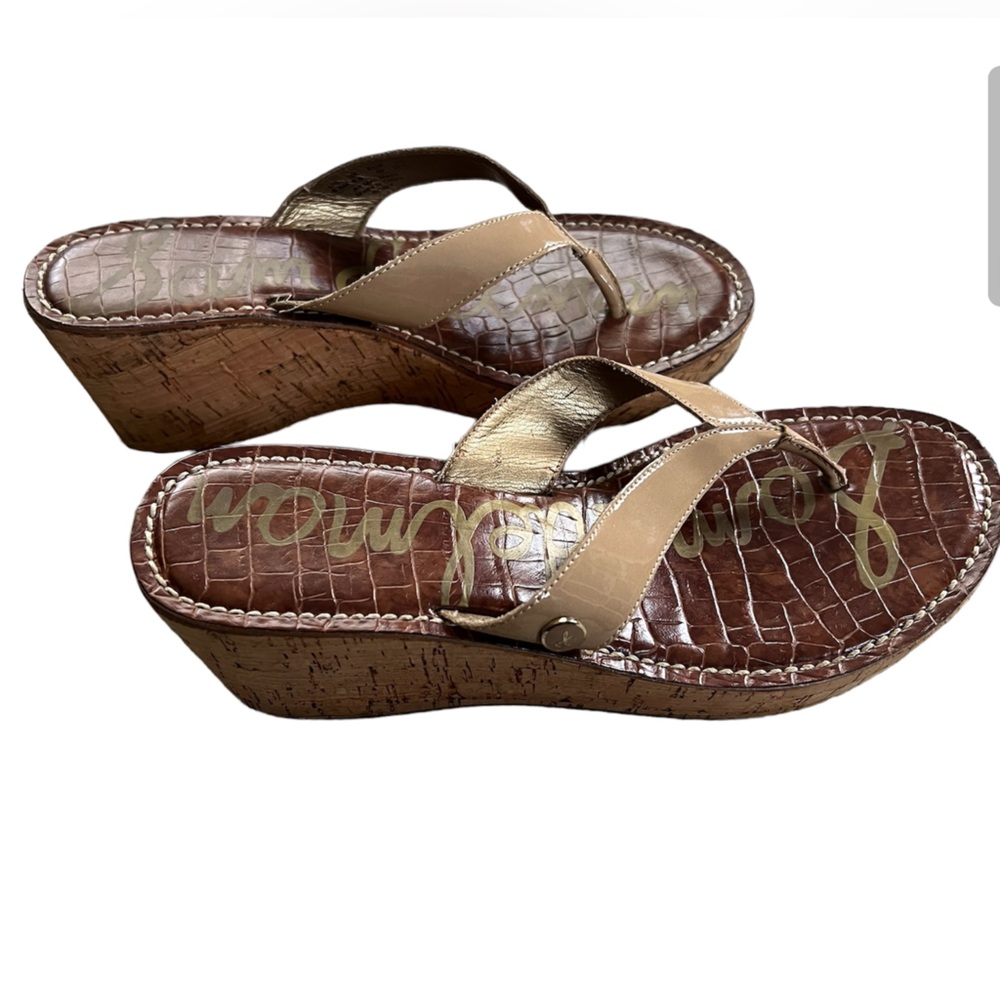 Sam Edelman Romy Cork Wedge Sandals Shoes Slip On Leather Beige Sz 8.5 - Picture 2 of 8